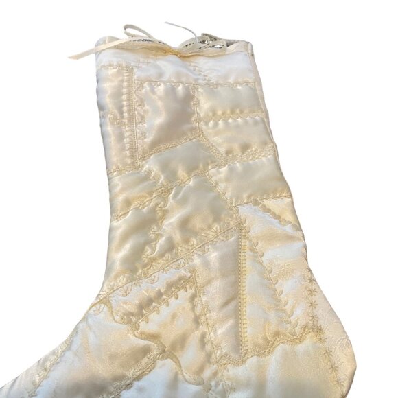 Vtg Handmade Ivory Satin Quilted Christmas Stocking 16.5” Ribbons - Picture 2 of 6